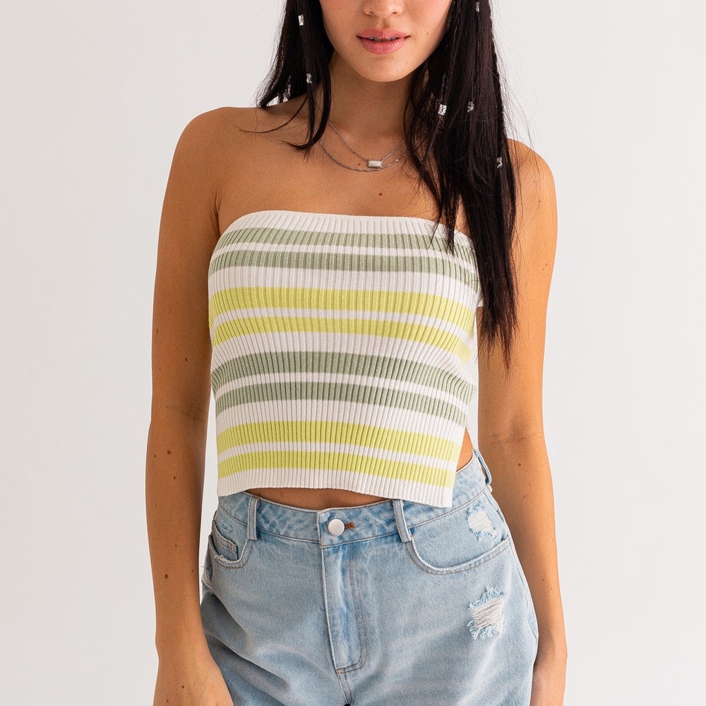 Le Lis Green and Yellow Striped Cropped Tube Top